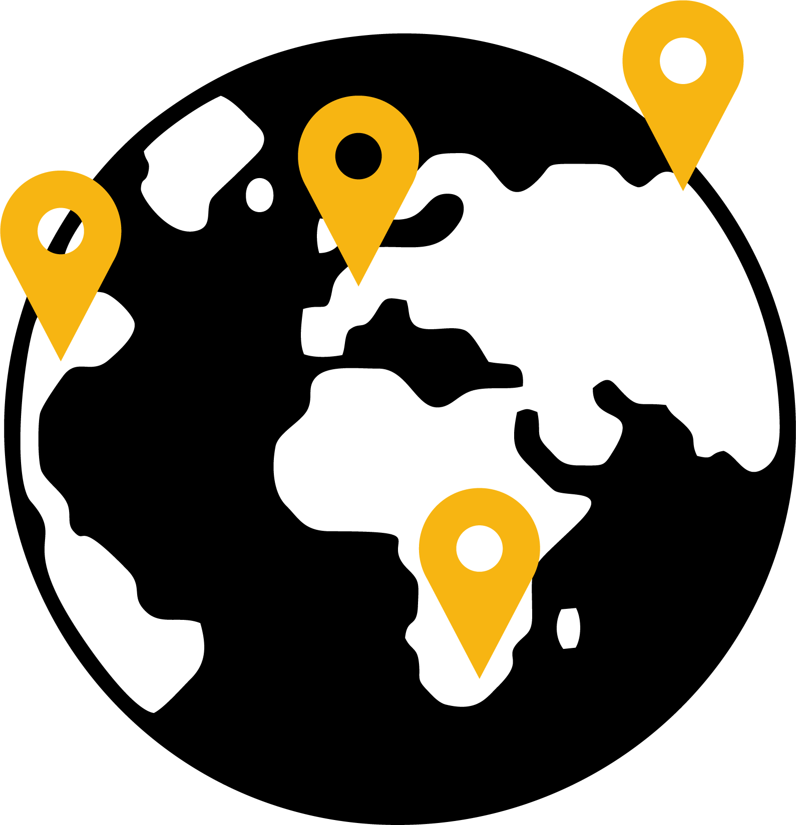 Black and white globe with yellow location symbols around it