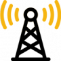 A graphic drawing of a black radio tower emitting orange waves.