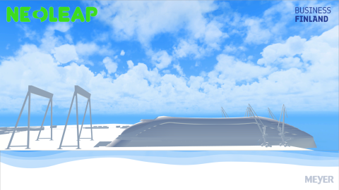 The Necoverse project creates virtual environments to support shipbuilding. Graphical drawing of the shipyard: two large cranes and a modern cruise ship to be built.