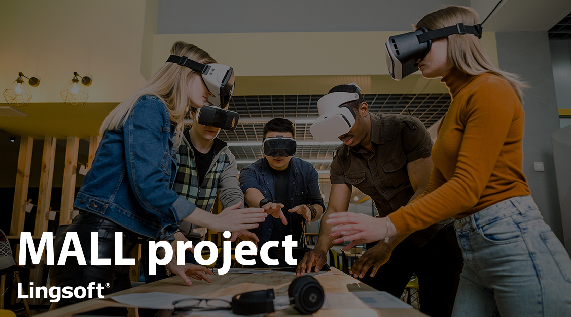 People around a table wearing virtual reality goggles. White text says 