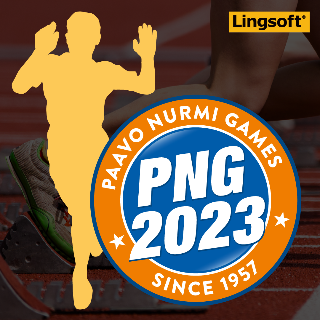 Taustalla tummennettu kuva pikajuoksijan jaloista radalla lähtötelineissä. Edustalla keltainen Paavo Nurmen juoksijahahmo, suurella "PNG Paavo Nurmi Games 2023 Since 1957" logo. Oikeassa yläkulmassa keltapohjainen Lingsoftin logo.
