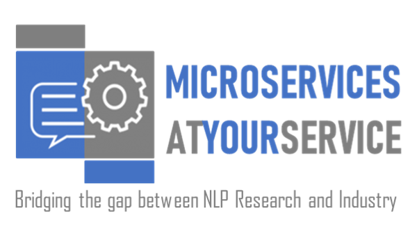 Microservices at your service -projektin harmaasininen logo. Iskulause Bridging the gad between NLP Research and Industry